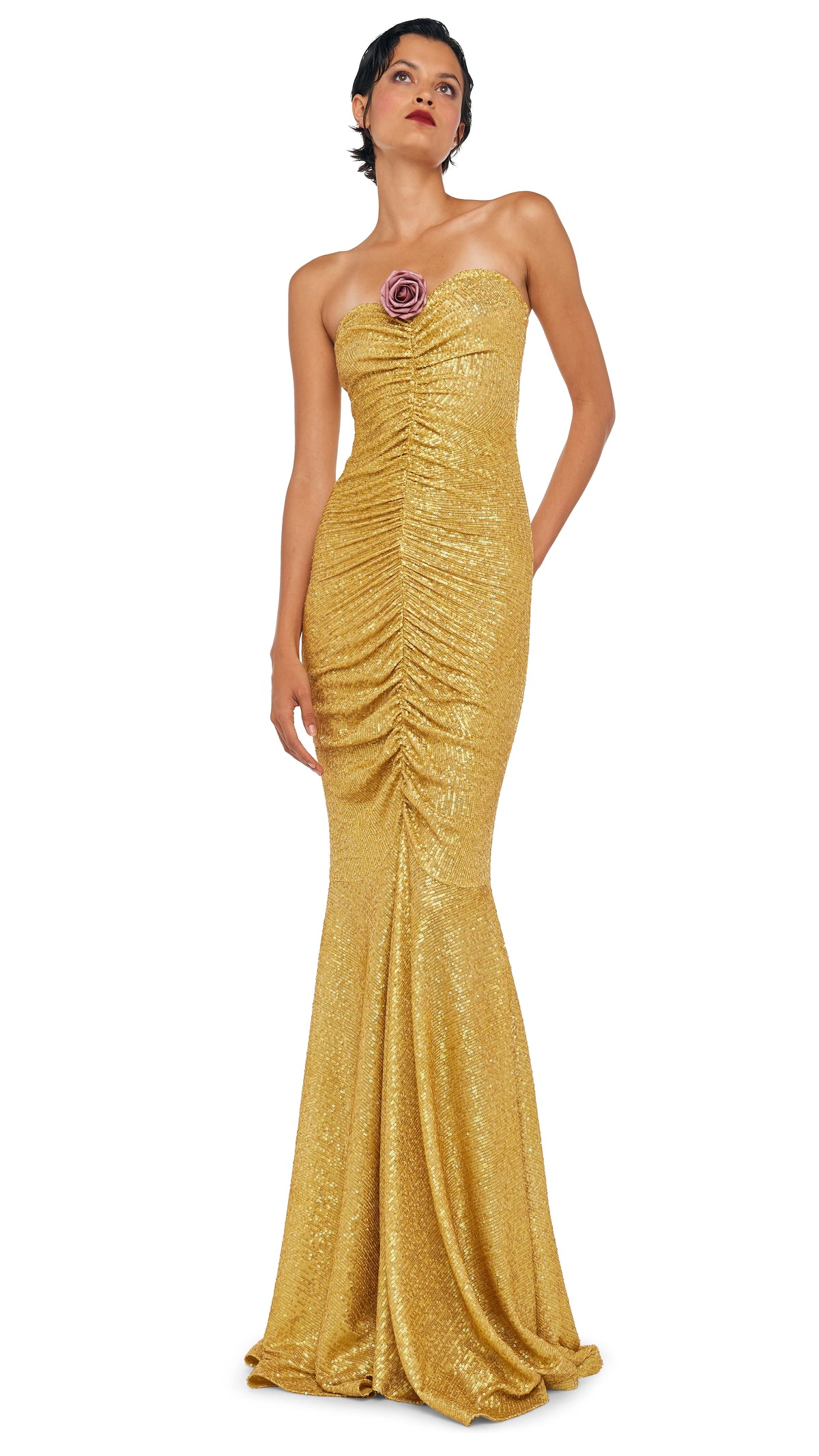 STRAPLESS SHIRRED FRONT FISHTAIL GOWN
