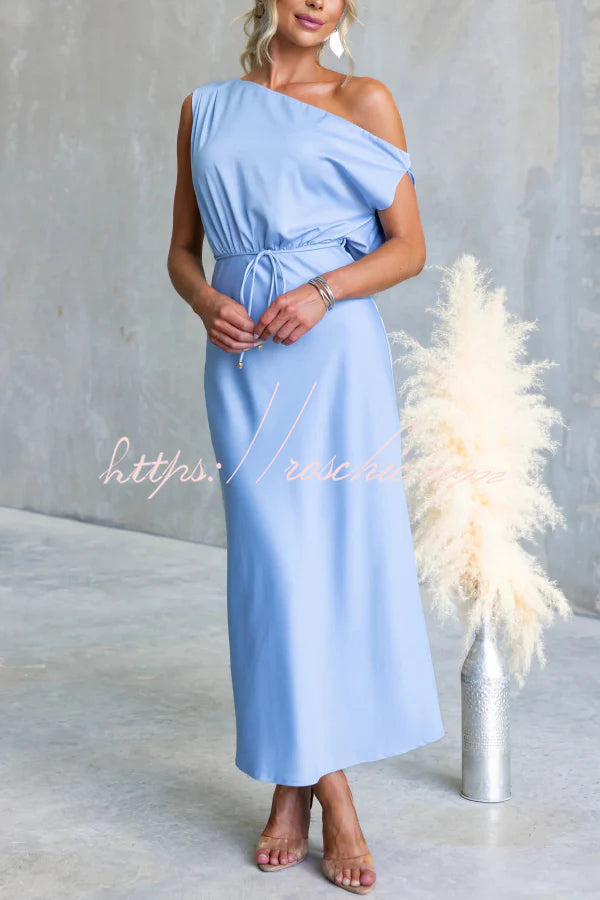 Solid Color One-shoulder Sleeveless Belted Casual Maxi Dress