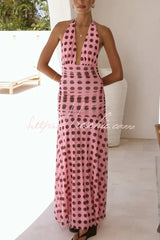 Polka Dot Print Halter Neck Tie Pleated Slim-fit Maxi Dress