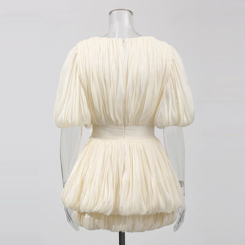 Ruched Deep V Neck Puff Sleeve 3D Flower Mini Dress