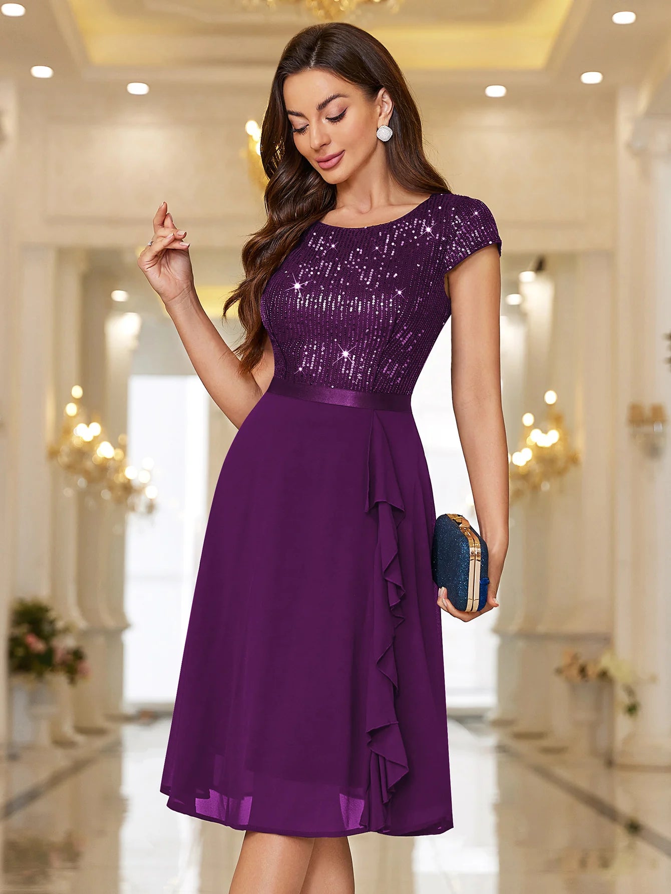 Sequin Lace Ruffle Trim Chiffon Cocktail Party Swing Dress for Weddings, Proms & Formal Events