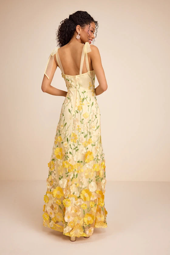 Thriving Poise Yellow 3D Floral Embroidered Tie-Strap Maxi Dress