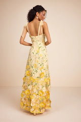 Thriving Poise Yellow 3D Floral Embroidered Tie-Strap Maxi Dress