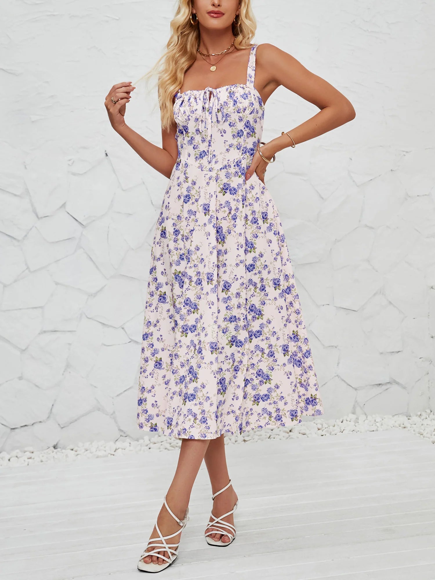 Floral Sleeveless Lace-Up Side Slit Dress Sundress