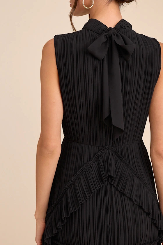 Alvana Black Plisse Mock Neck Ruffled Mini Dress
