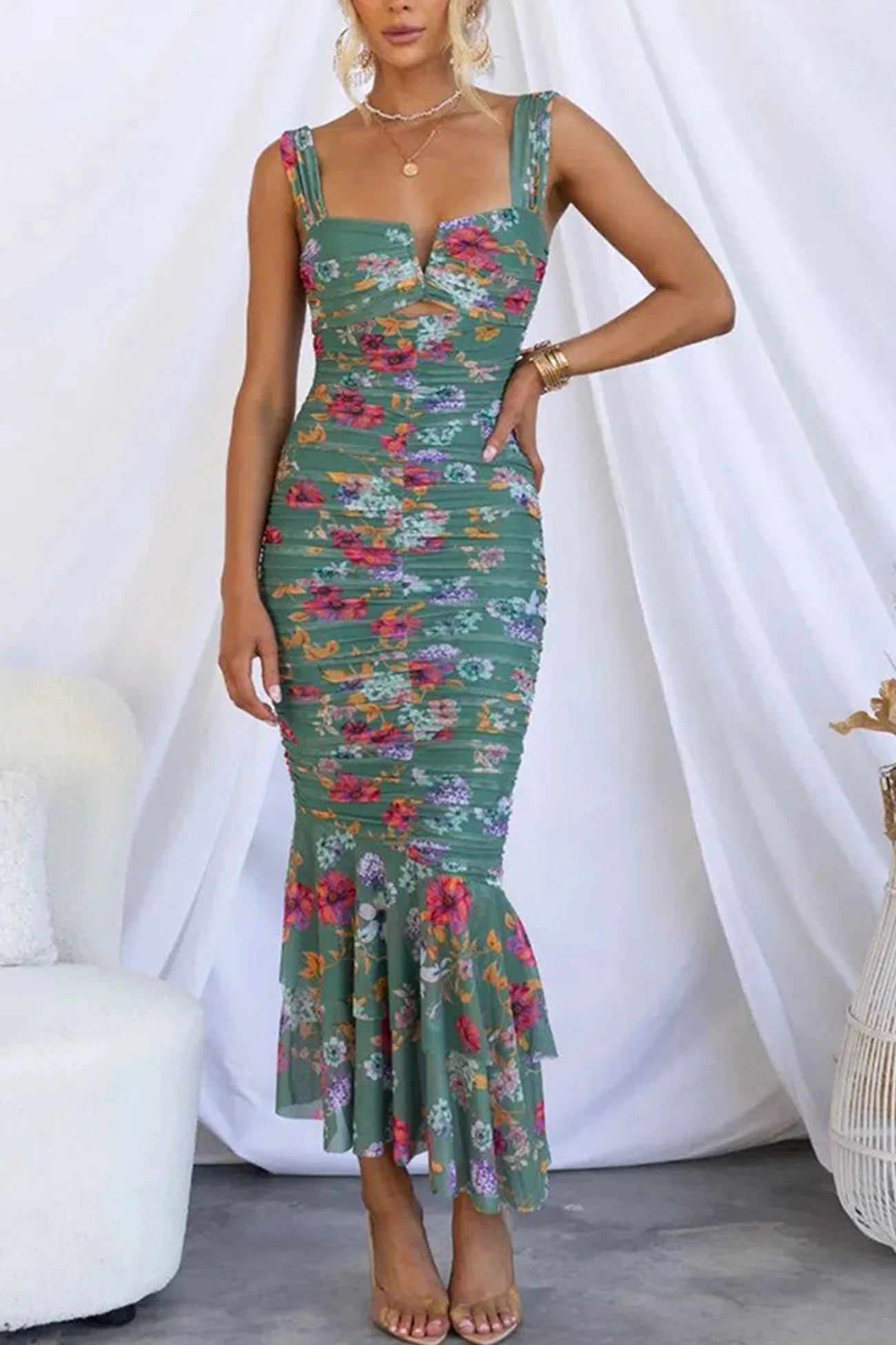 Floral Print Ruched Fishtail Dress