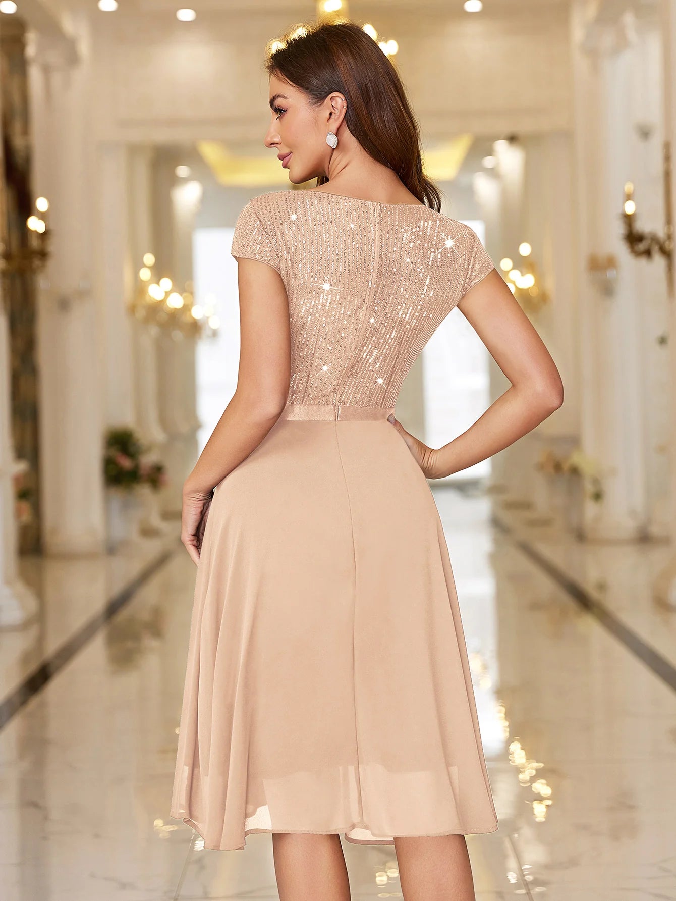 Sequin Lace Ruffle Trim Chiffon Cocktail Party Swing Dress for Weddings, Proms & Formal Events