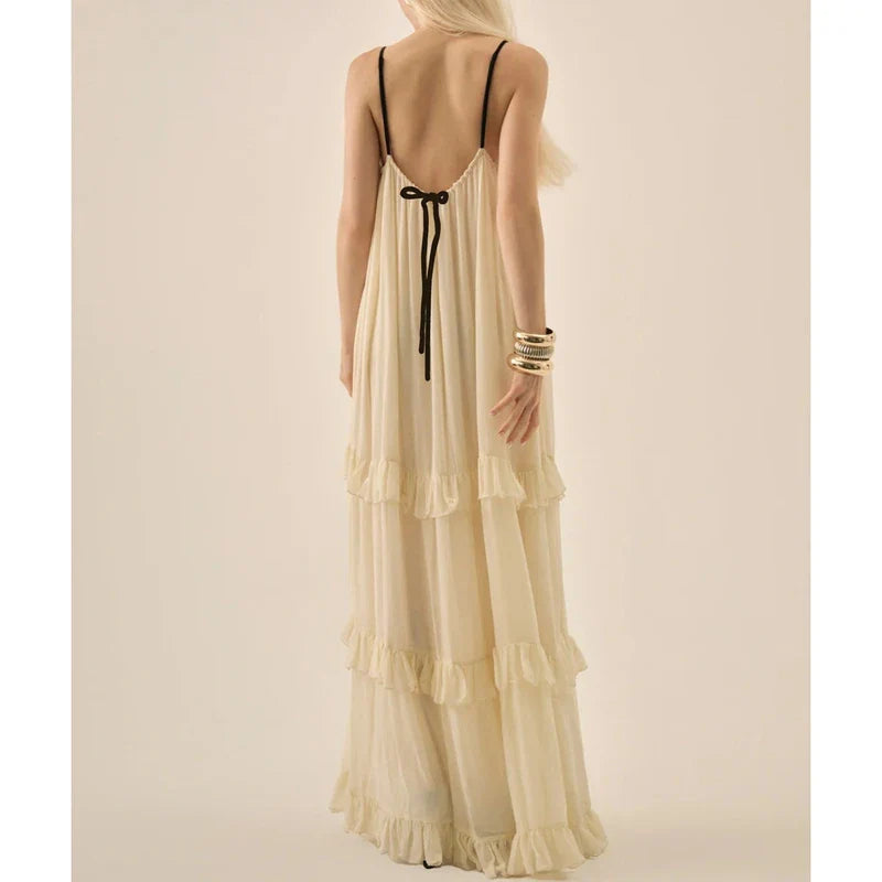 3D Floral Spaghett Strap Tiered Ruffle Maxi Dress