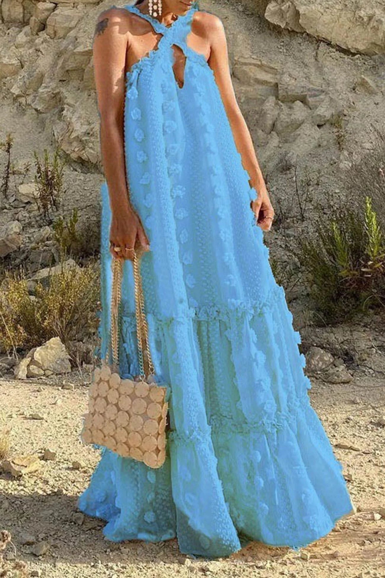 3D Floral Criss-cross Halterneck Maxi Dress