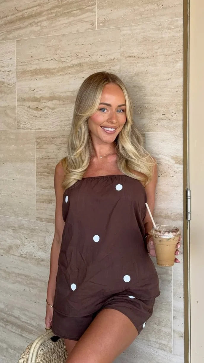 Calliope Strapless Top and Shorts Set - Brown/White Polka