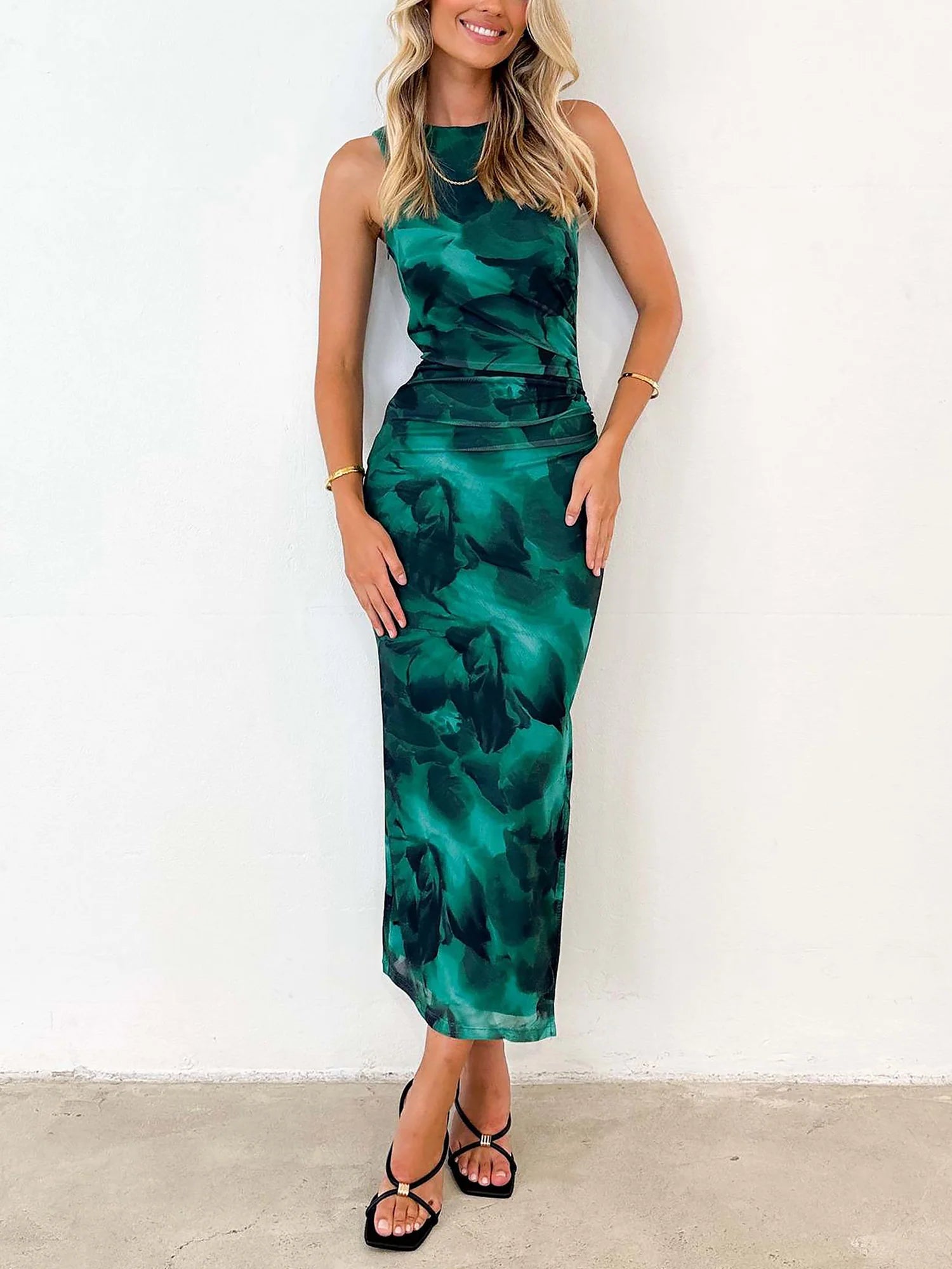 Lightweight Summer Floral Printed Mesh Sleeveless Slit Bodycon Maxi Dress for Beach Parties