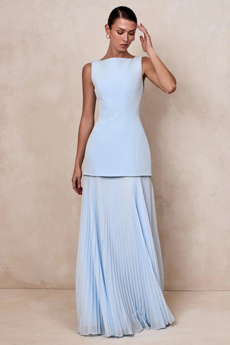 Powder Blue Boat-Neck Maxi Dress With Drop-Waist