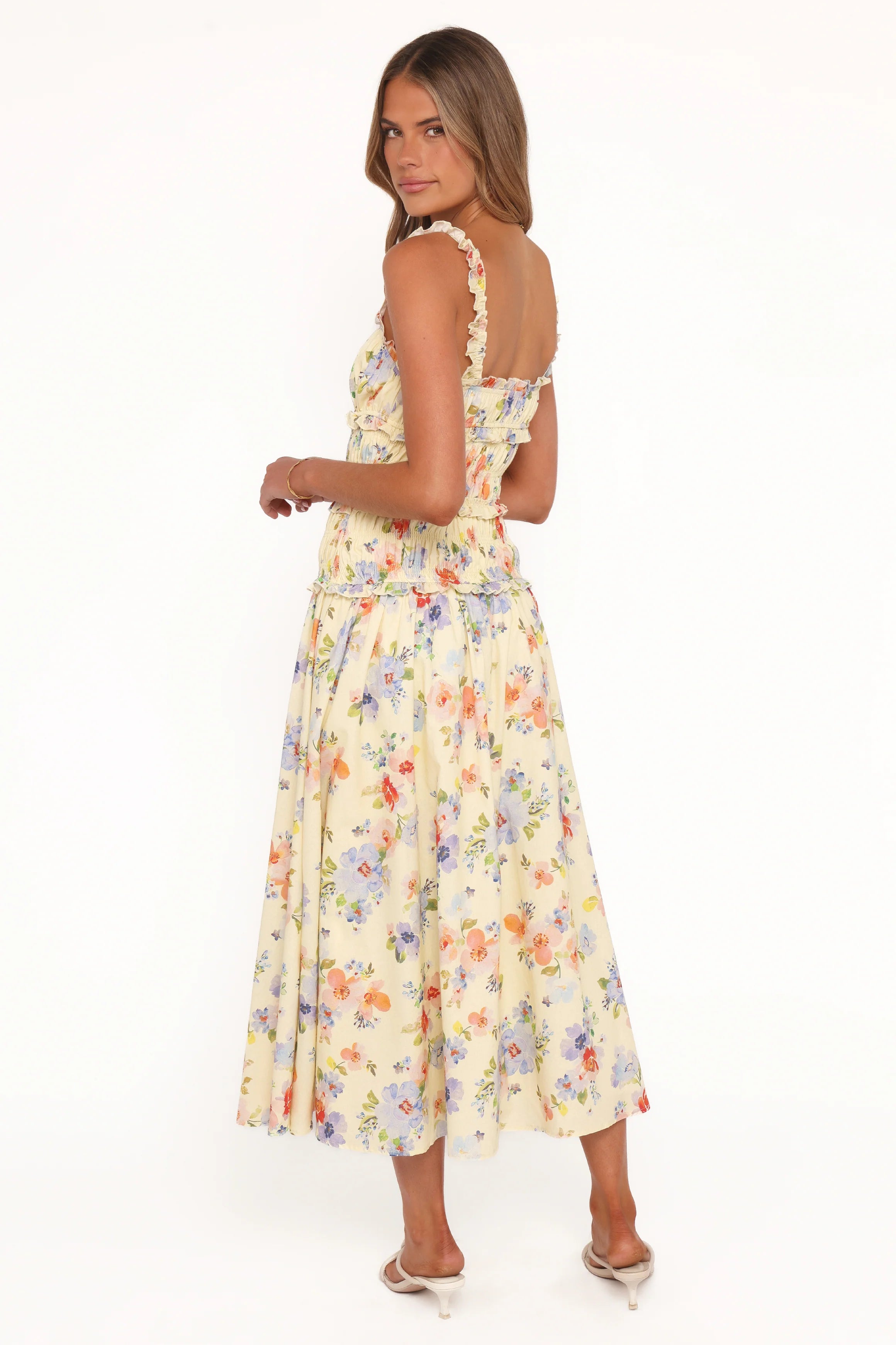 Enola Gather Midi Dress - Yellow Floral