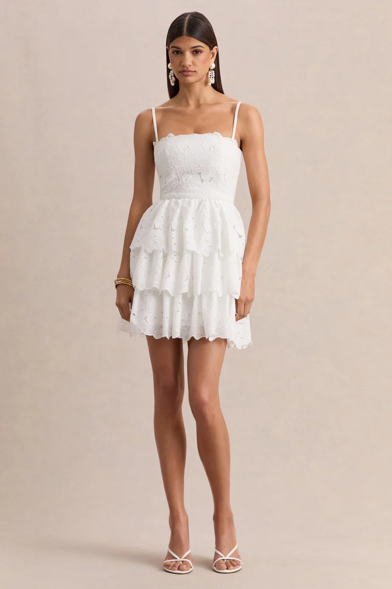 White Lace Square-Neck Mini Dress With Ruffled Detailing