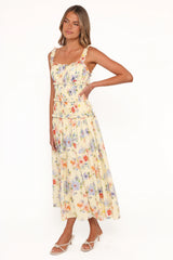 Enola Gather Midi Dress - Yellow Floral
