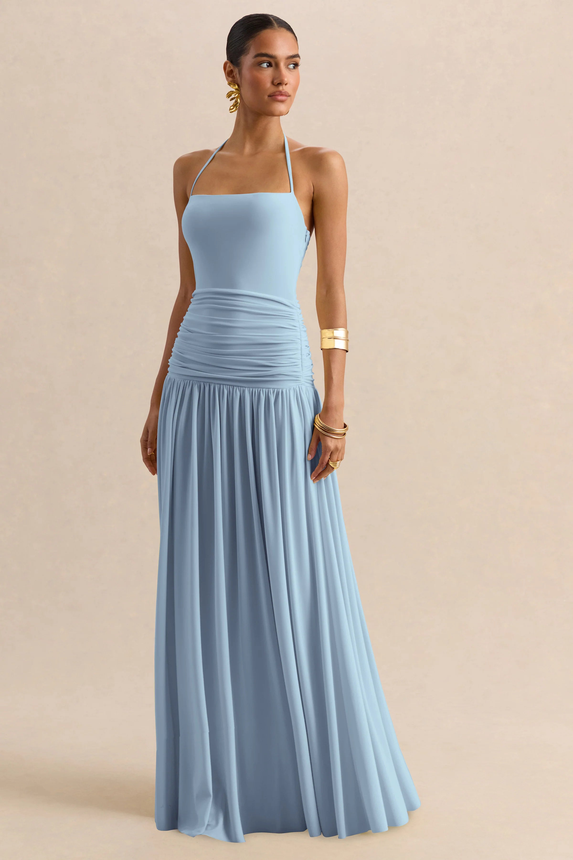 Nicolette | Powder Blue Square-Neck Maxi Dress With Ruched-Detailing