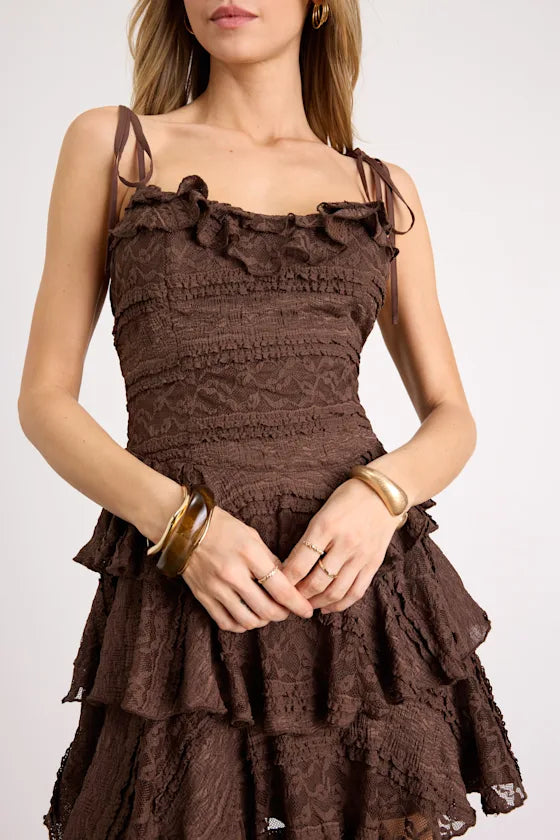 Chessica Brown Lace Tiered Tie-Strap Mini Dress
