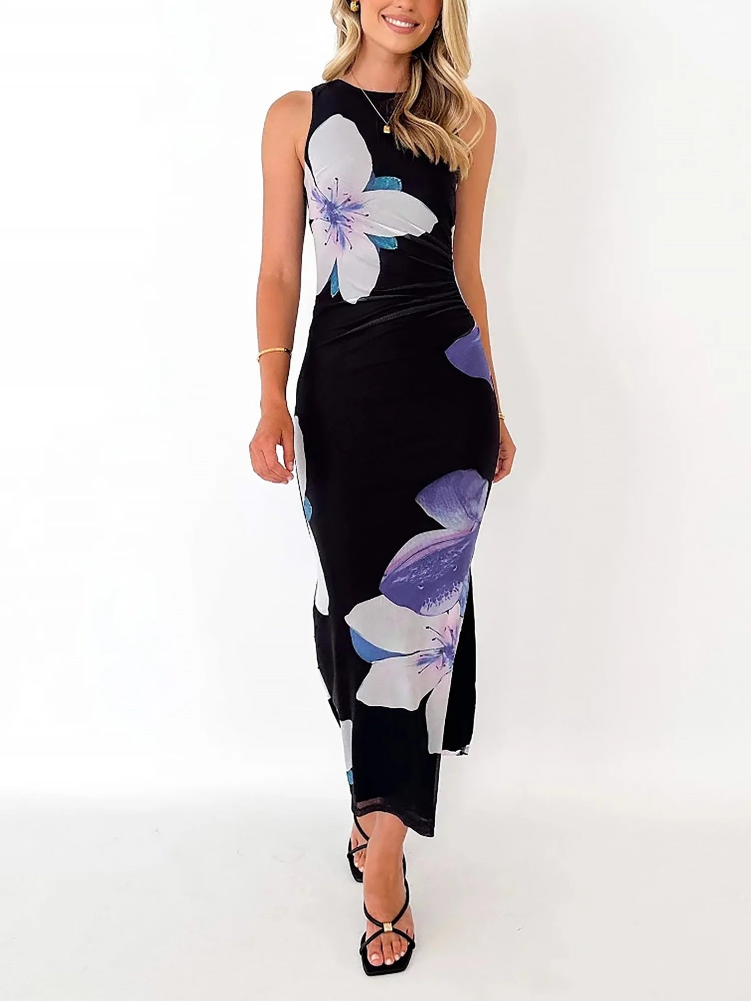 Lightweight Summer Floral Printed Mesh Sleeveless Slit Bodycon Maxi Dress for Beach Parties