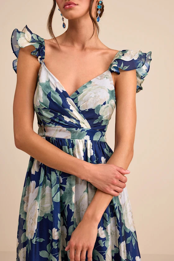 Soiree Perfection Navy Floral Ruffled Tiered Maxi Dress