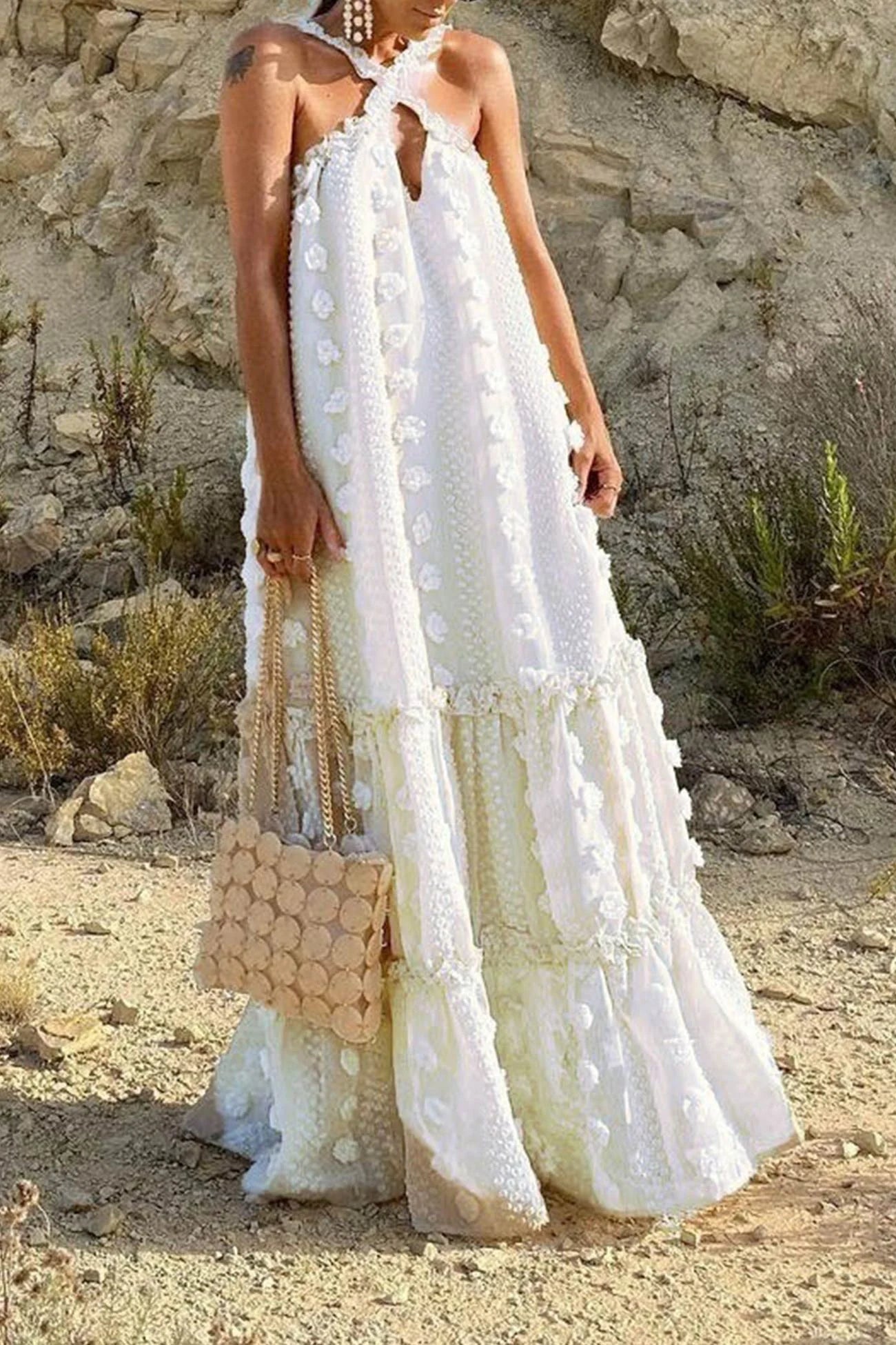 3D Floral Criss-cross Halterneck Maxi Dress