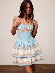 Square Neck Floral Tiered Flared Mini Cami Dress
