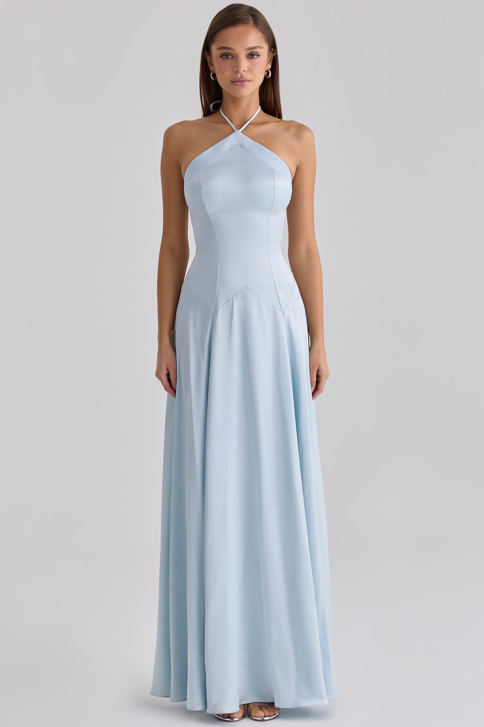 Avelina blue satin halter neck godet maxi dress