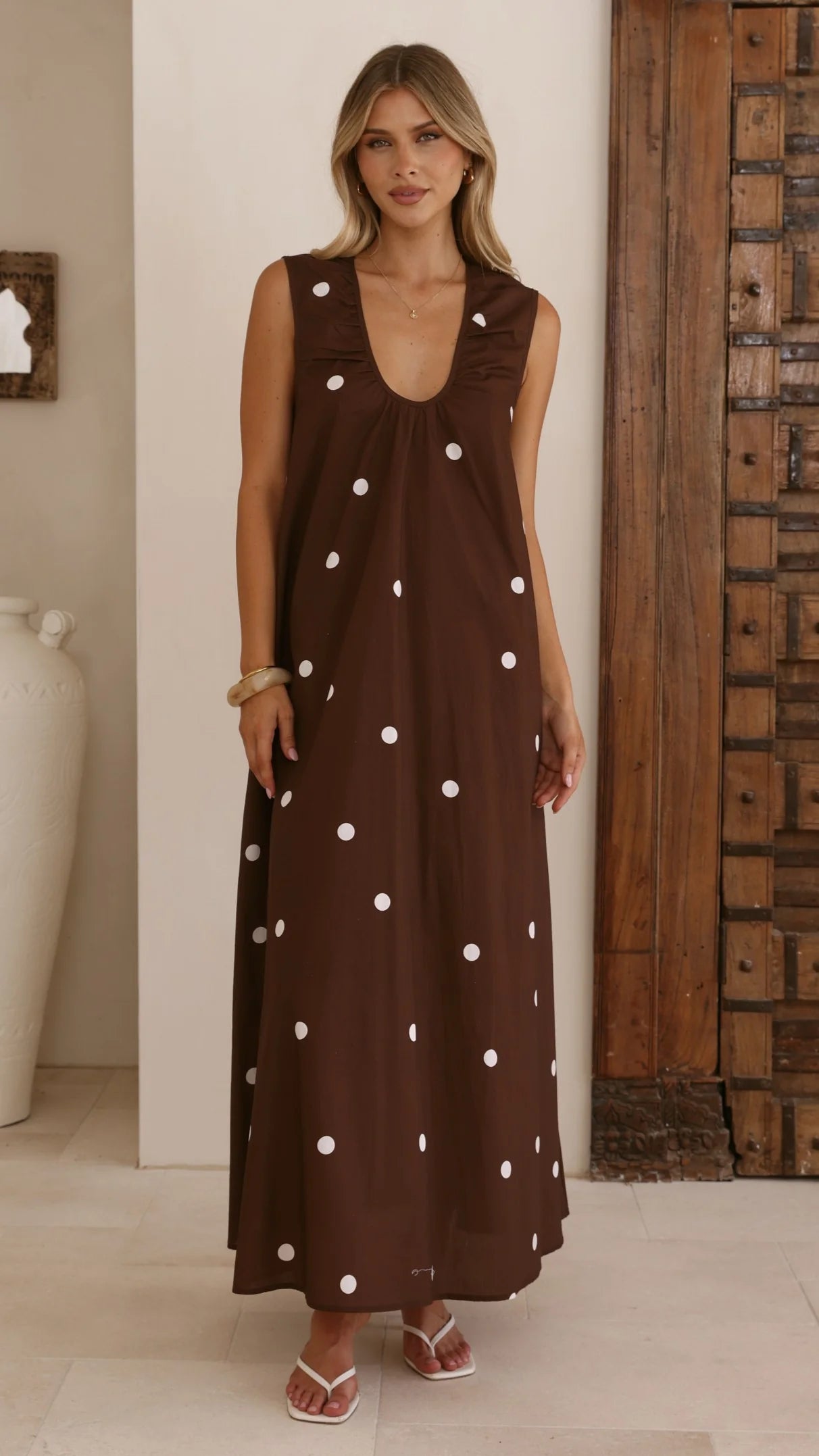 Scout Maxi Dress - Chocolate/White Polka