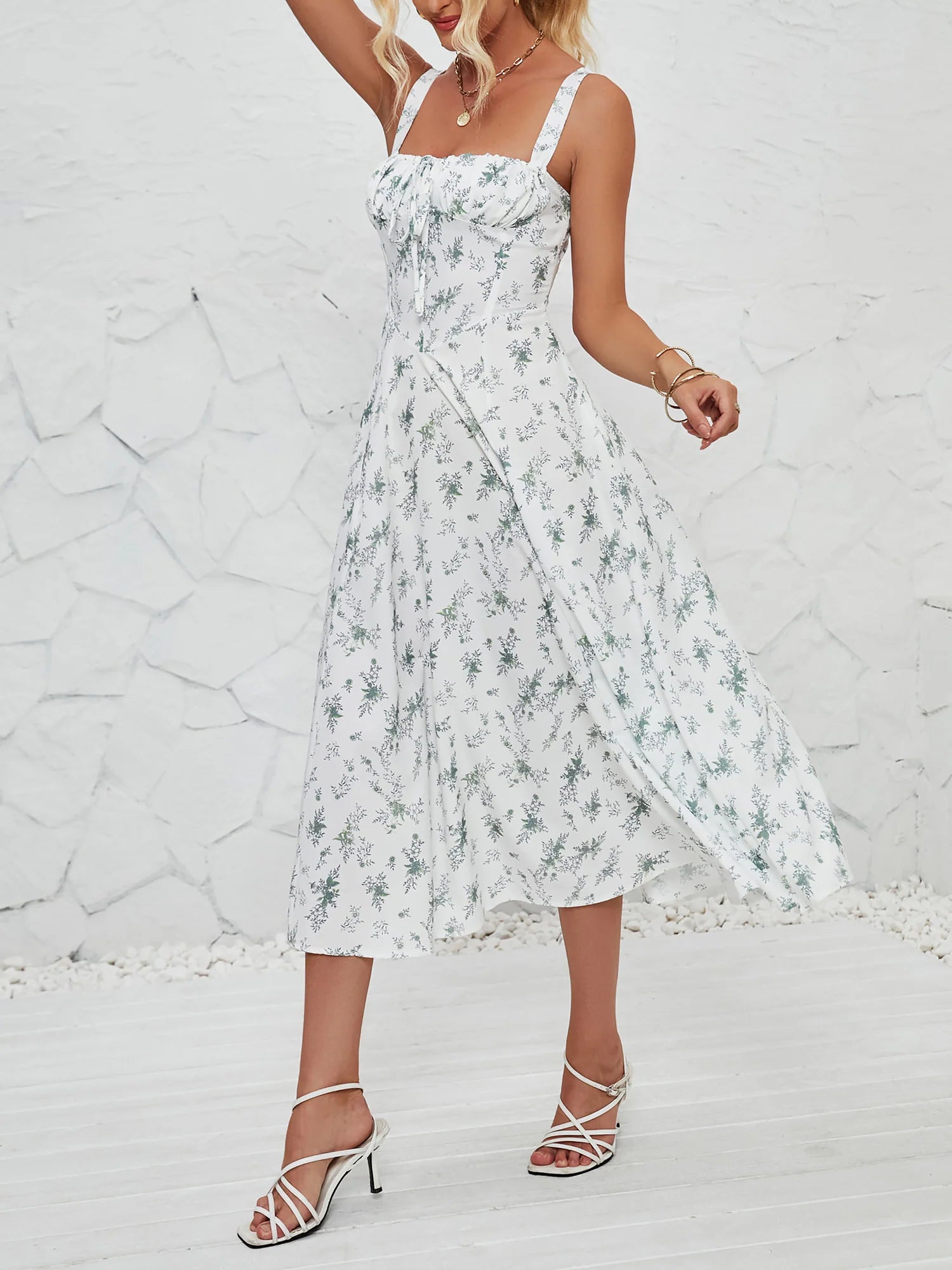 Floral Sleeveless Lace-Up Side Slit Dress Sundress