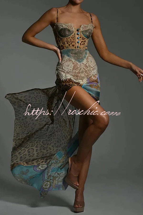 Chiffon Leopard Print Sexy Lace Splicing High Slit Slim Maxi Dress