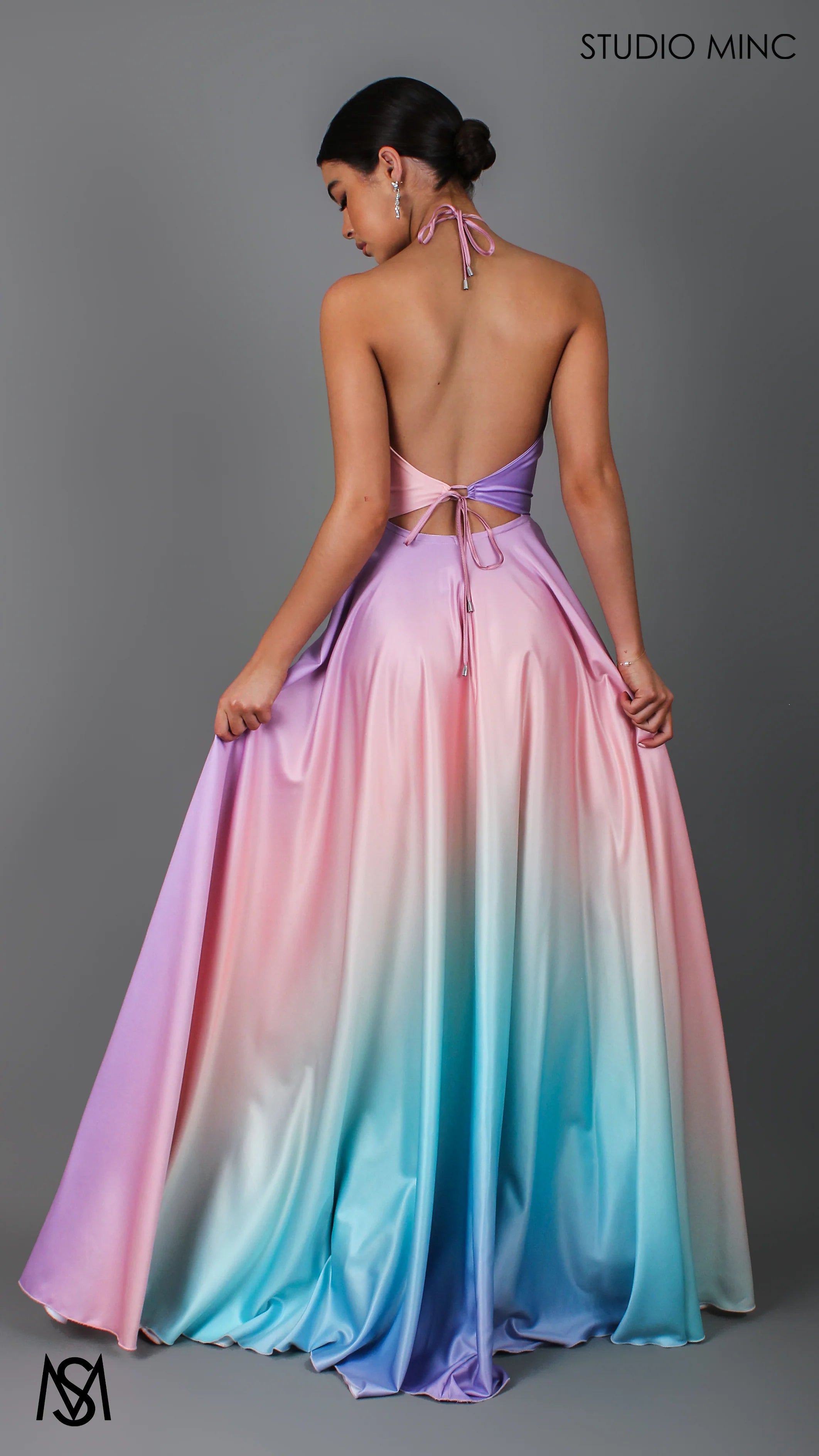 SUNSET PINK - Multi Colour pink Formal Dress, Satin High Neck Plunge & Backless