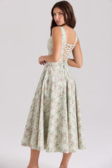 Mariabella-Sage Floral Print Cotton Midi Dress