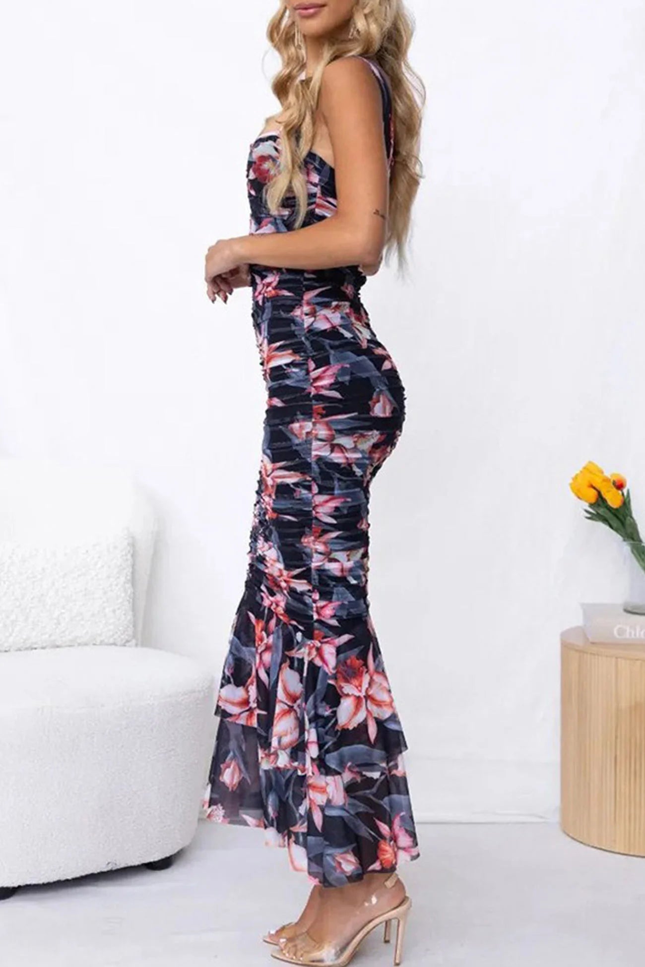 Floral Print Ruched Fishtail Dress