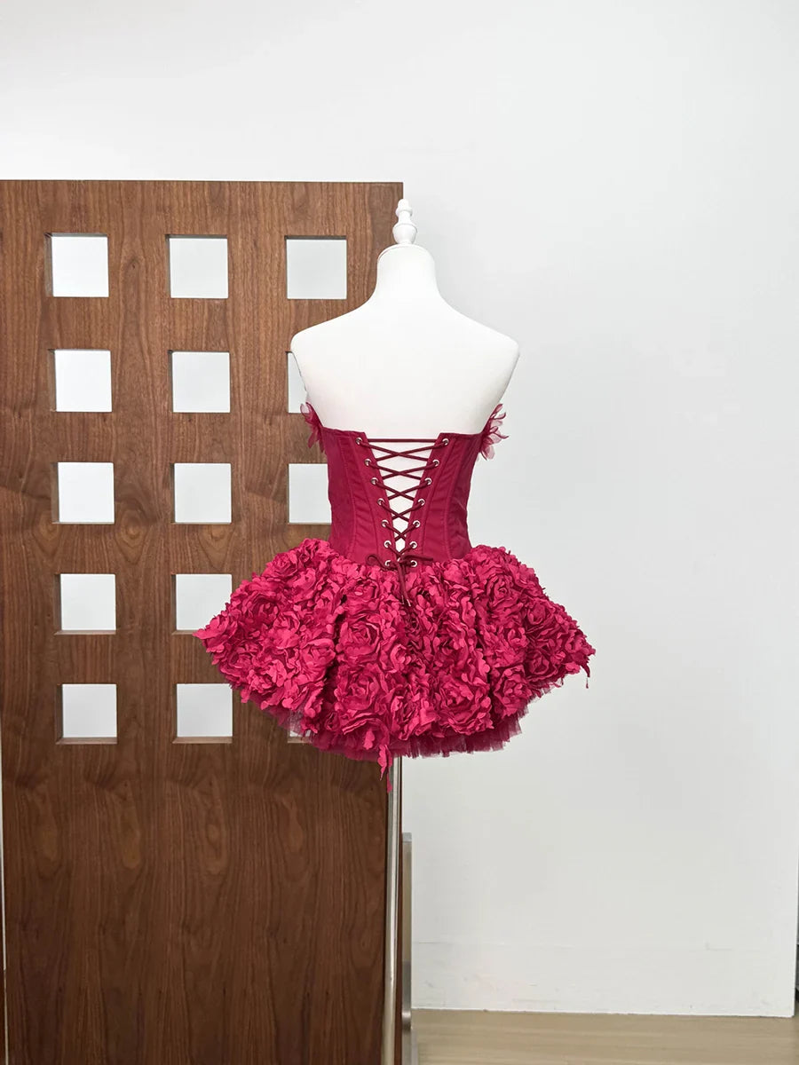 Red Strapless 3D Flower Ruffle Tulle Mini Dress