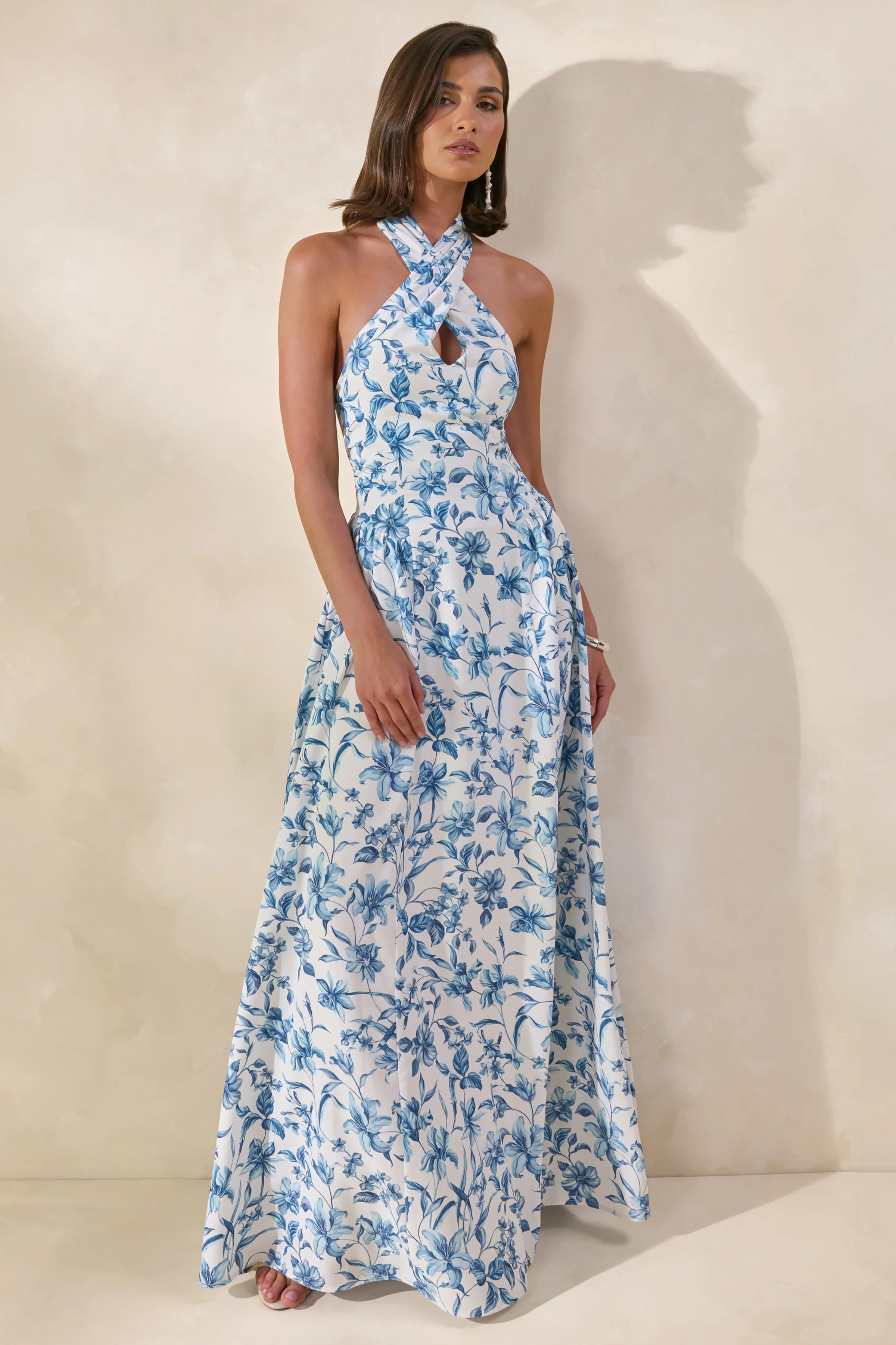 Liana | Blue Porcelain Print Halter-Neck Maxi Dress
