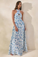 Liana | Blue Porcelain Print Halter-Neck Maxi Dress