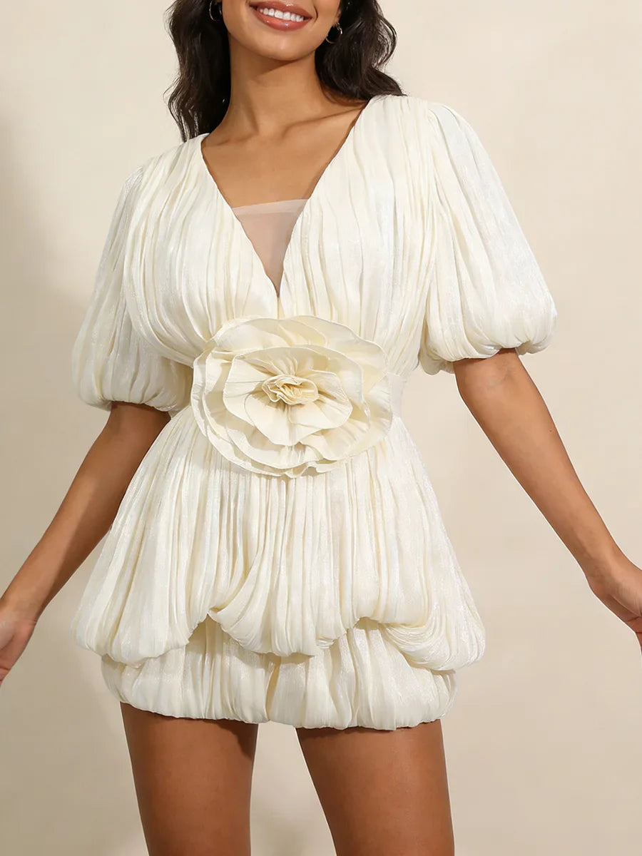 Ruched Deep V Neck Puff Sleeve 3D Flower Mini Dress