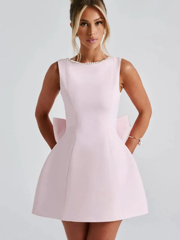 Pearl Bow Slim Backless A-Line Short Dress
