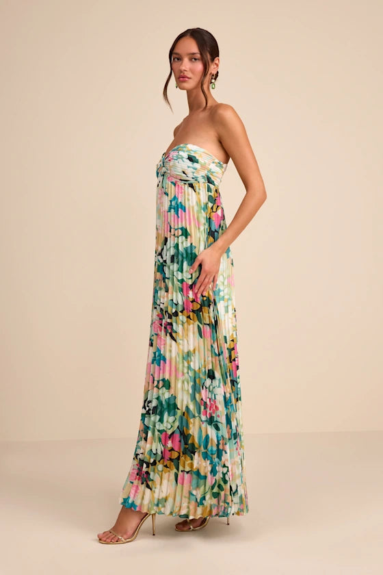 Whimsical Beauty Multi Floral Satin Plisse Strapless Maxi Dress