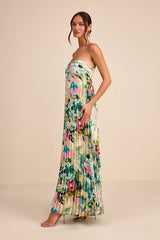 Whimsical Beauty Multi Floral Satin Plisse Strapless Maxi Dress