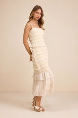 Harley Cream Smocked Ruffled Midi Dress