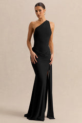 Black Asymmetric-Neck Maxi Dress With Gold-Detail And Front-High Split