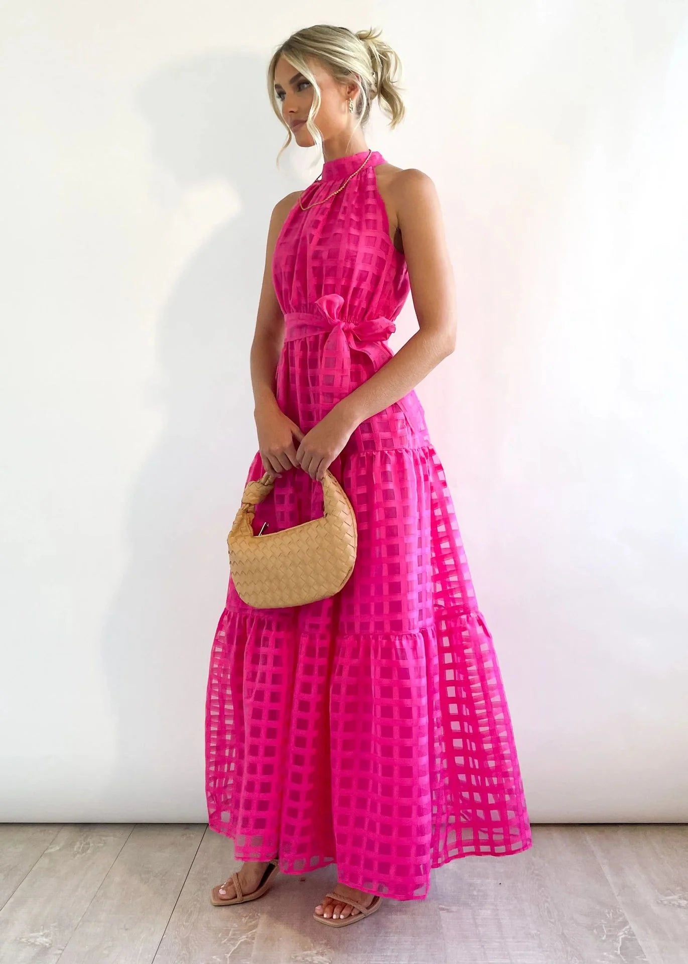 2023 Fashion Trends | Hot Pink Halter Retro Maxi Summer Dress