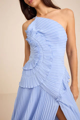 Magdalene Powder Blue Pleated Asymmetrical Maxi Dress