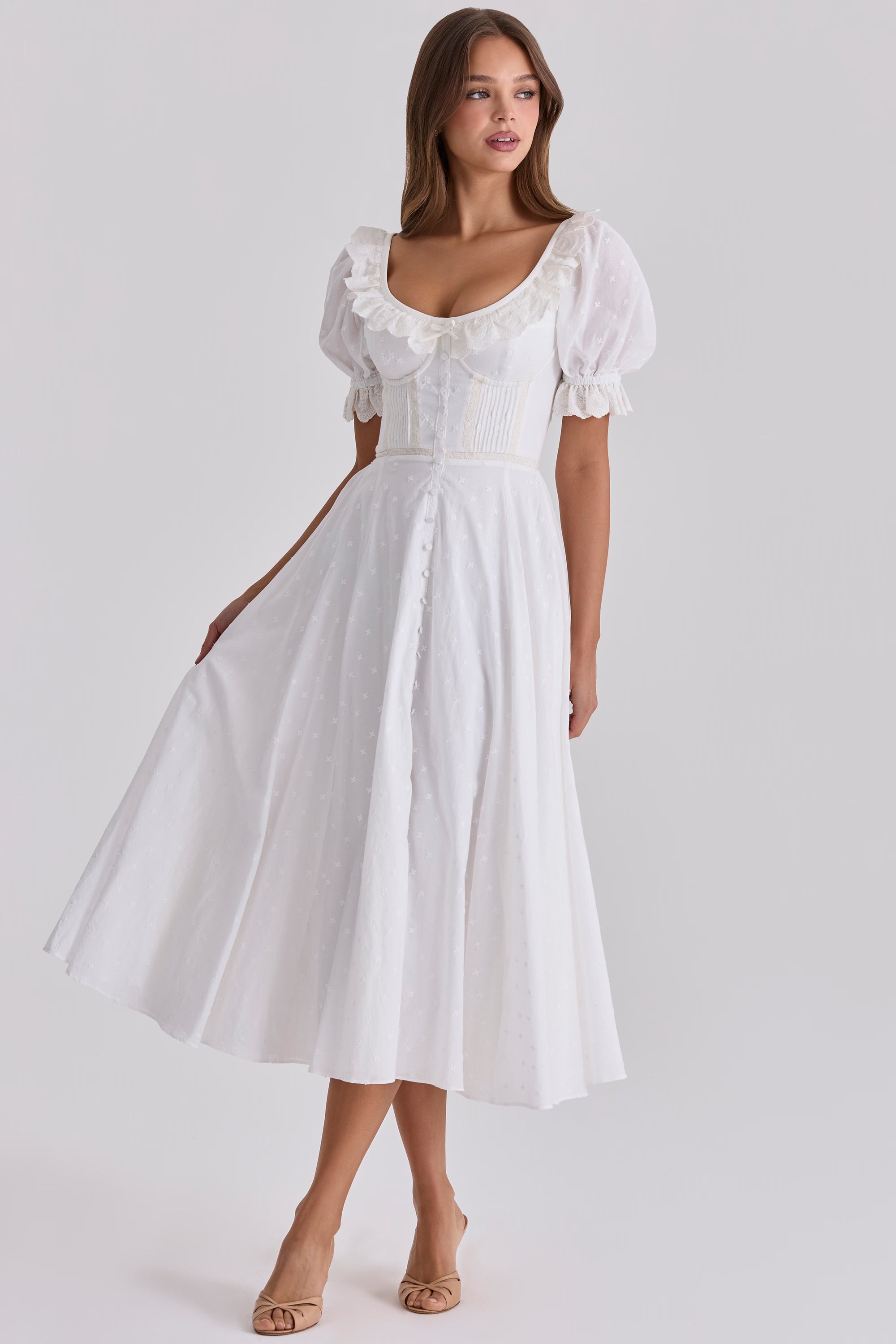 white broderie anglais babydoll midi dress