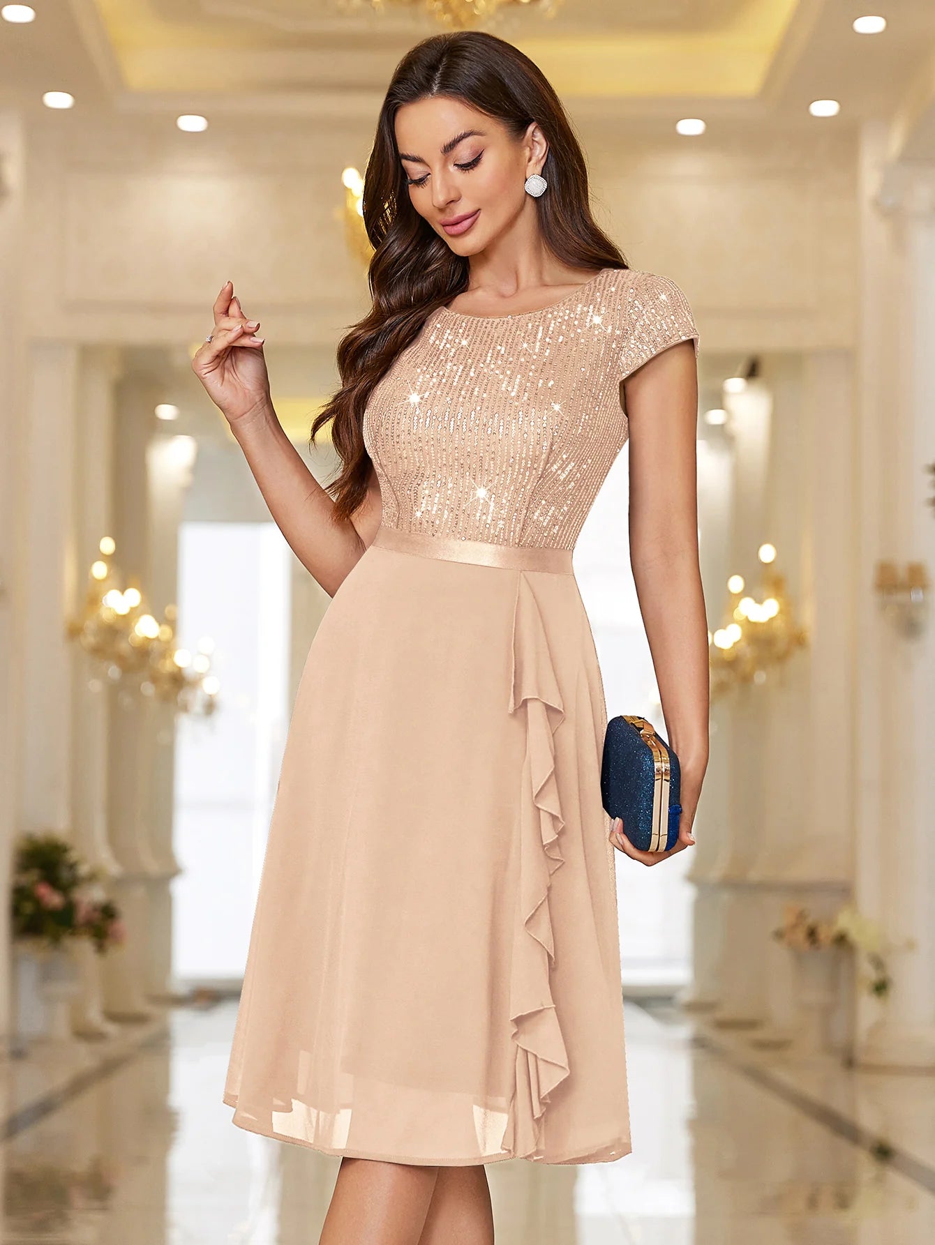 Sequin Lace Ruffle Trim Chiffon Cocktail Party Swing Dress for Weddings, Proms & Formal Events