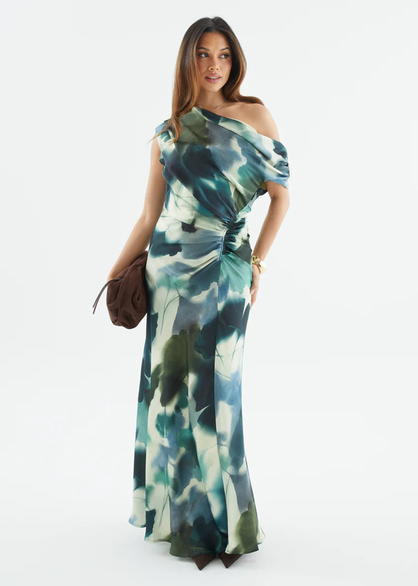 Flirtini One Shoulder Maxi Dress - Forest Abstract