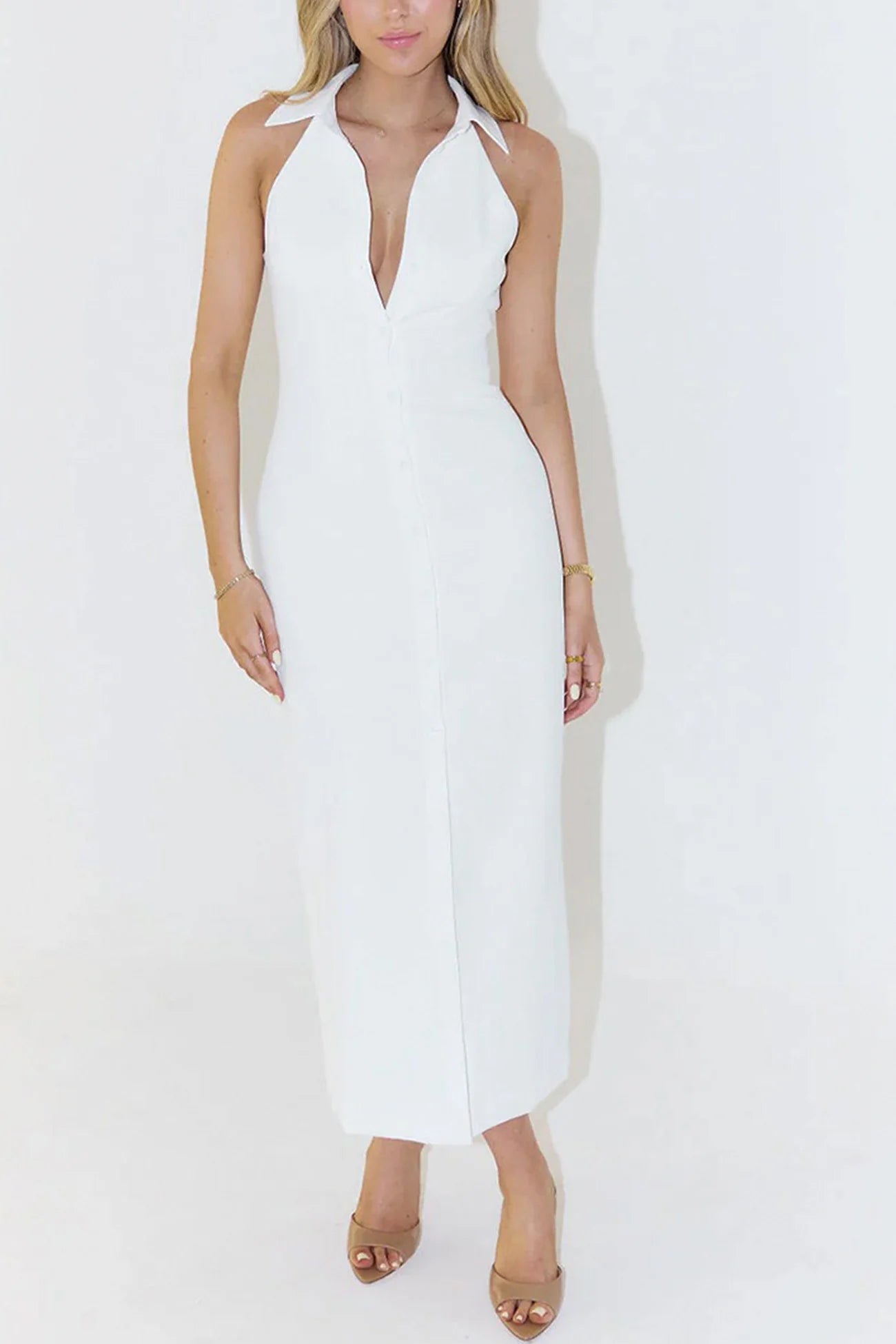 Lapel Sleeveless Single-breasted Midi Dress