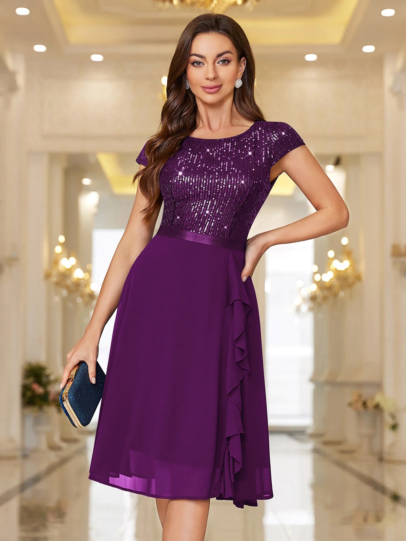 Sequin Lace Ruffle Trim Chiffon Cocktail Party Swing Dress for Weddings, Proms & Formal Events
