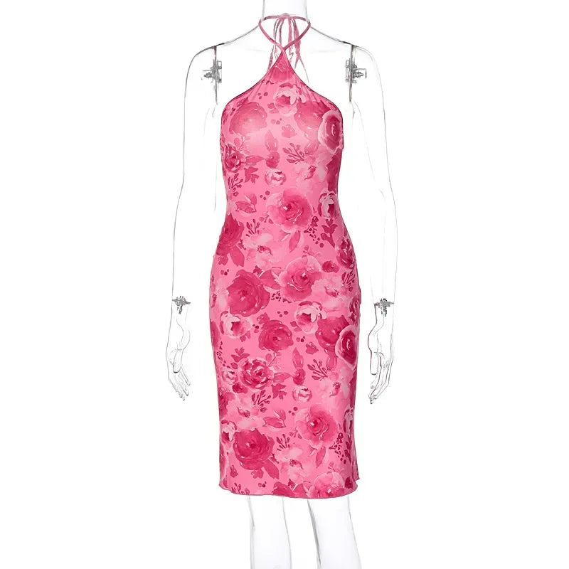 Rose Pink Print Halter Midi Dress