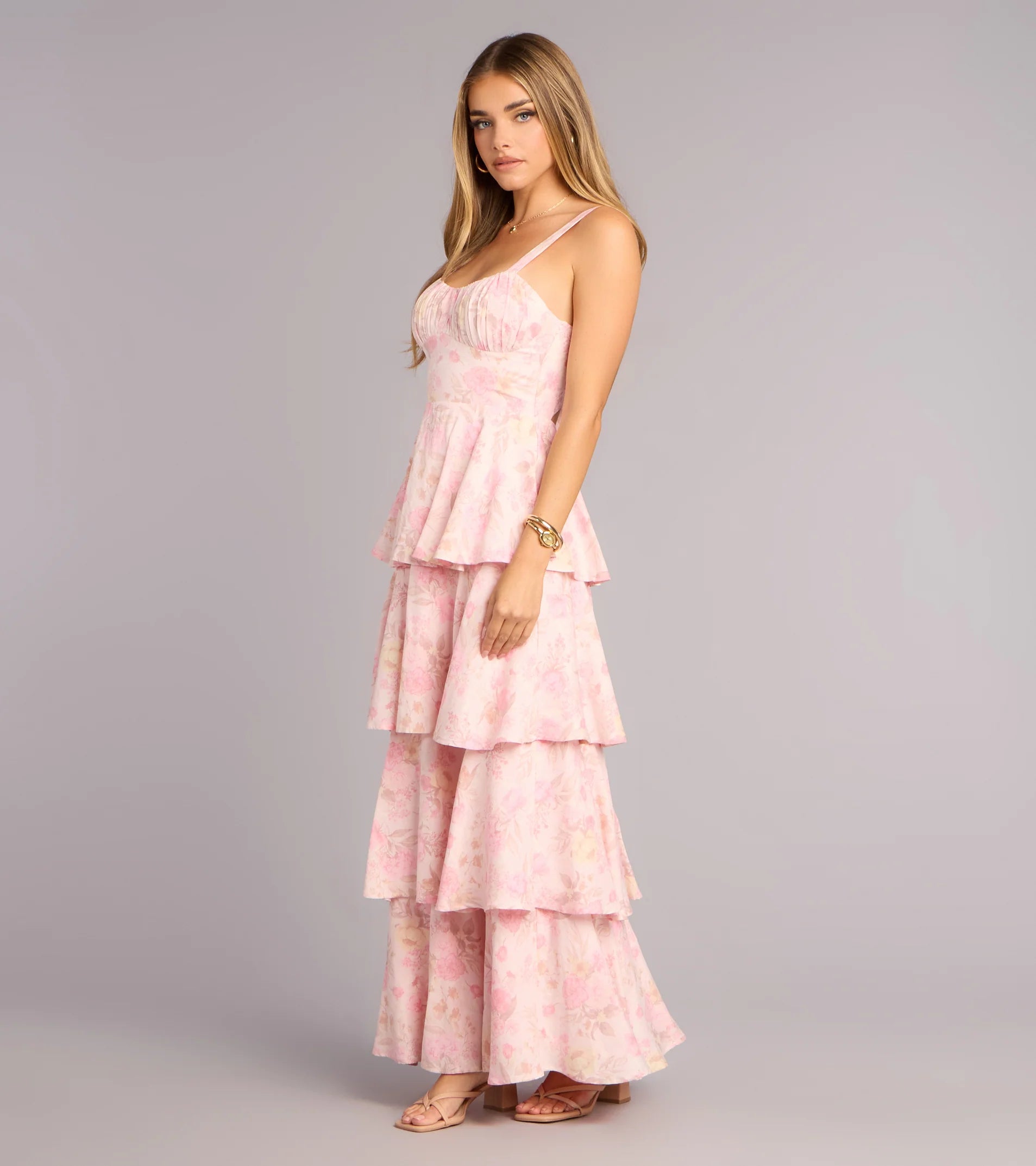 Pretty Agenda Floral Woven Ruffle Maxi Dress
